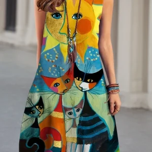 Lauren - Robe midi sans manches à col en V et motif chat coloré