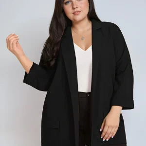 Blazer noir grande taille à épaules tombantes et manches à revers