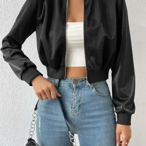 Veste bomber courte zippée unie avec col baseball