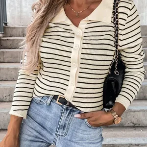 Nikka - Blouse rayée à manches longues avec col polo et boutons