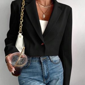 Blazer à col revers et bouton unique, coupe courte tissée de luxe