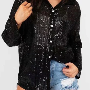 Leny - Élégante blouse polo à manches longues avec boutons et sequins