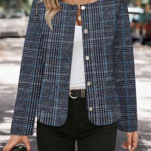 Veste en laine à carreaux, col rond, manches longues, non doublée, chaude