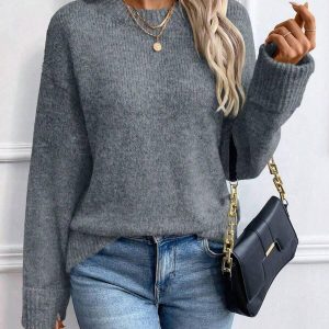 Pull à manches longues de couleur unie, pull en tricot confortable pour tous les jours
