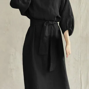 Liyana - Robe midi casual à manches mi-longues avec taille nouée