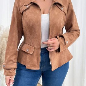 Veste marron rouille grande taille avec fermeture éclair sur le devant et coupe décontractée