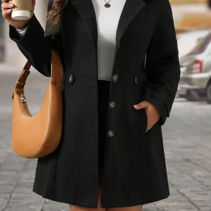 Manteau en tricot grande taille noir à revers boutonné et taille mi-longue