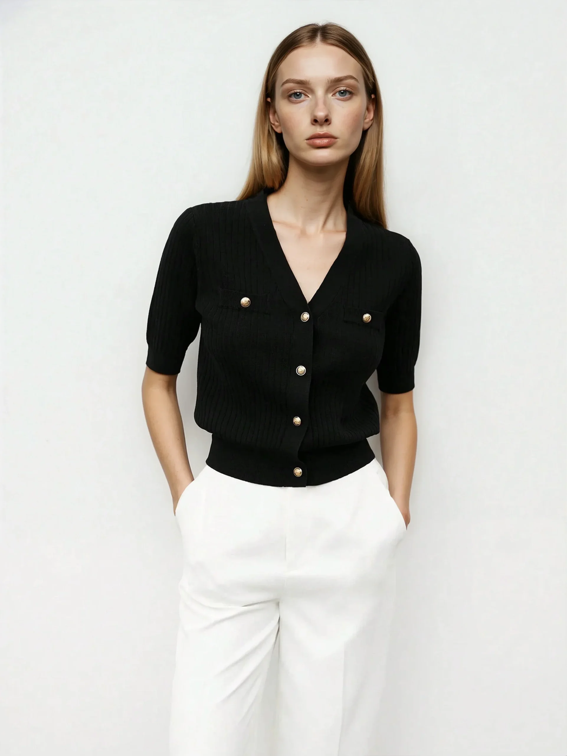 Pull en tricot à col en V pour une tenue de bureau chaude et polyvalente – Image 3