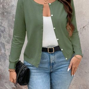 Cardigan grande taille abricot à manches longues et simple boutonnage confortable