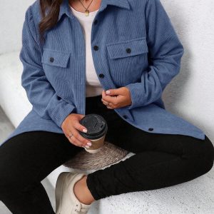 Veste-chemise en velours côtelé grande taille à simple boutonnage et manches longues bleues