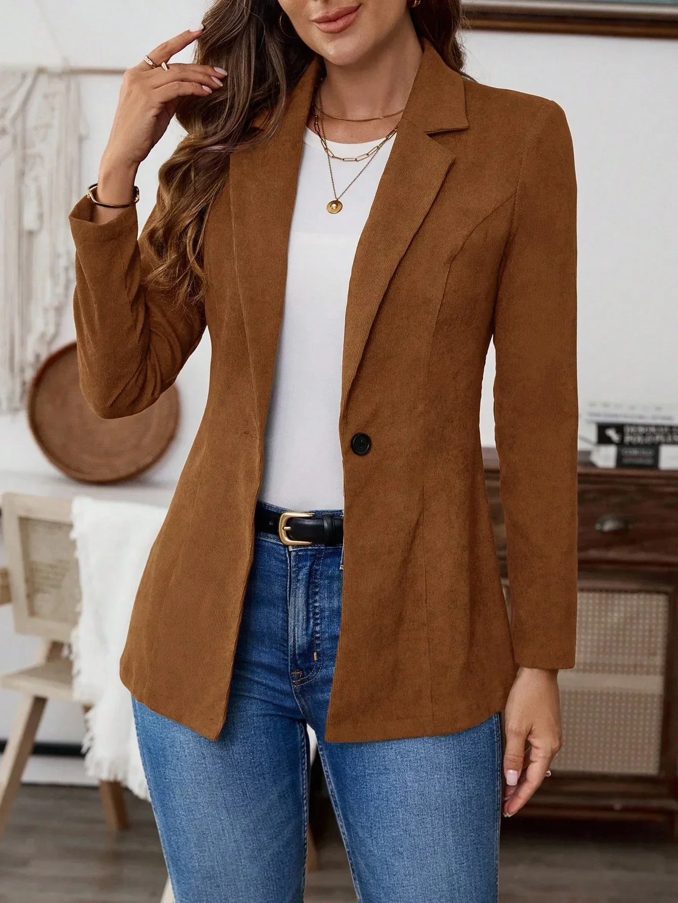 Blazer à revers marron moka avec tissu tissé et tricot côtelé – Image 5