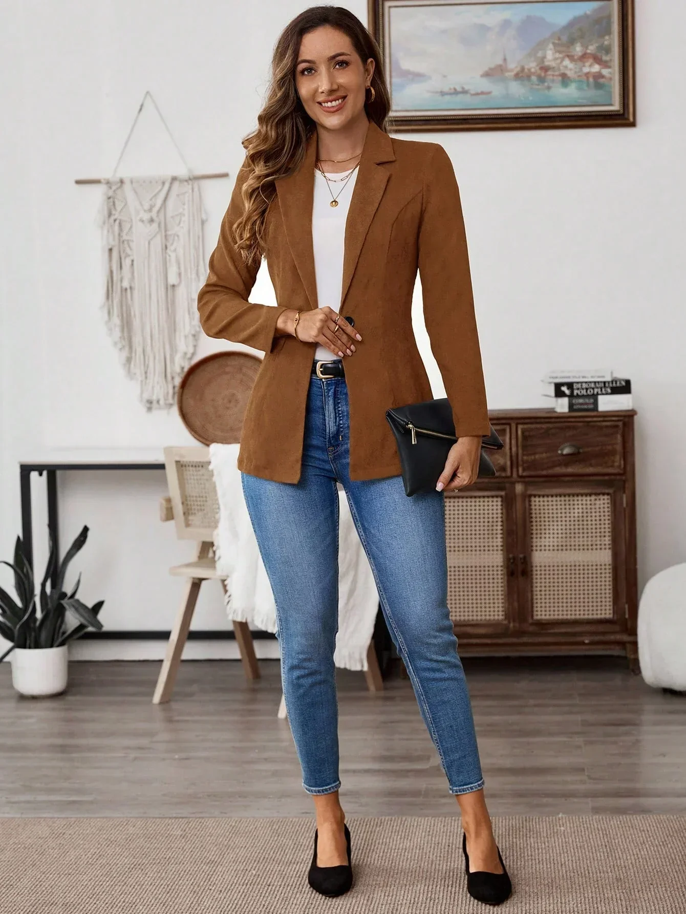 Blazer à revers marron moka avec tissu tissé et tricot côtelé – Image 4