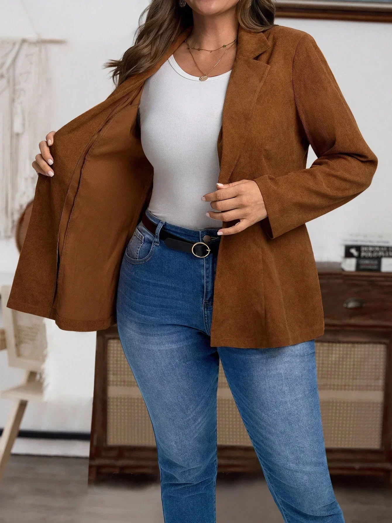 Blazer à revers marron moka avec tissu tissé et tricot côtelé – Image 8