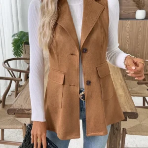 Blazer sans manches à col à revers, coupe slim avec poches