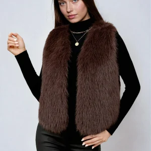 Gilet en fausse fourrure, col V, sans manches, court, coupe décontractée chic