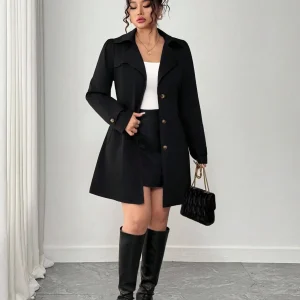 Trench-coat noir grande taille à revers sur le devant, élégant et chic