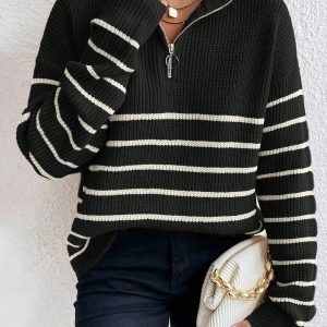 Pull rayé d'automne à manches longues et épaules tombantes, zippé et à rayures automnales
