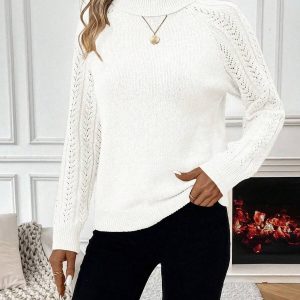 Pull blanc à manches raglan ajourées en maille ajourée, confortable et décontracté pour l'hiver au quotidien