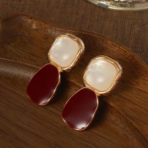 Burgundy Zinc Square Drop Earrings