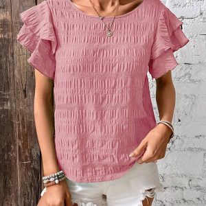 Catty - Élégante blouse à manches courtes avec volants superposés et bords texturés