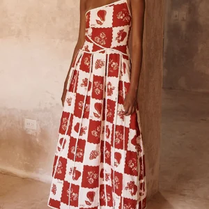 Robe Longue Bustier Carreaux Rouges – Élégance & Style Rétro Chic