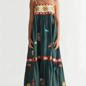 Robe Longue Bohème Brodée Émeraude – Élégance & Charme Naturel