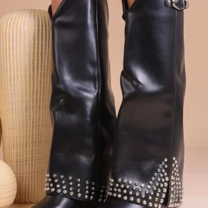 Bottes Hautes Femme Noires En Similicuir Avec Boucle Et Clous – Modèle Shark Tendance Pour La Saison Automne Hiver