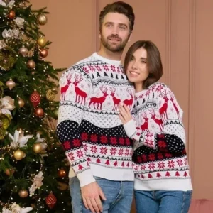 Pull de Noel Couple Motif Renne Rouge et Blanc