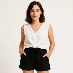 Breezya | Short Taille Haute Élastique Lin Poches Coupe Décontractée Casual Été Pour Femme