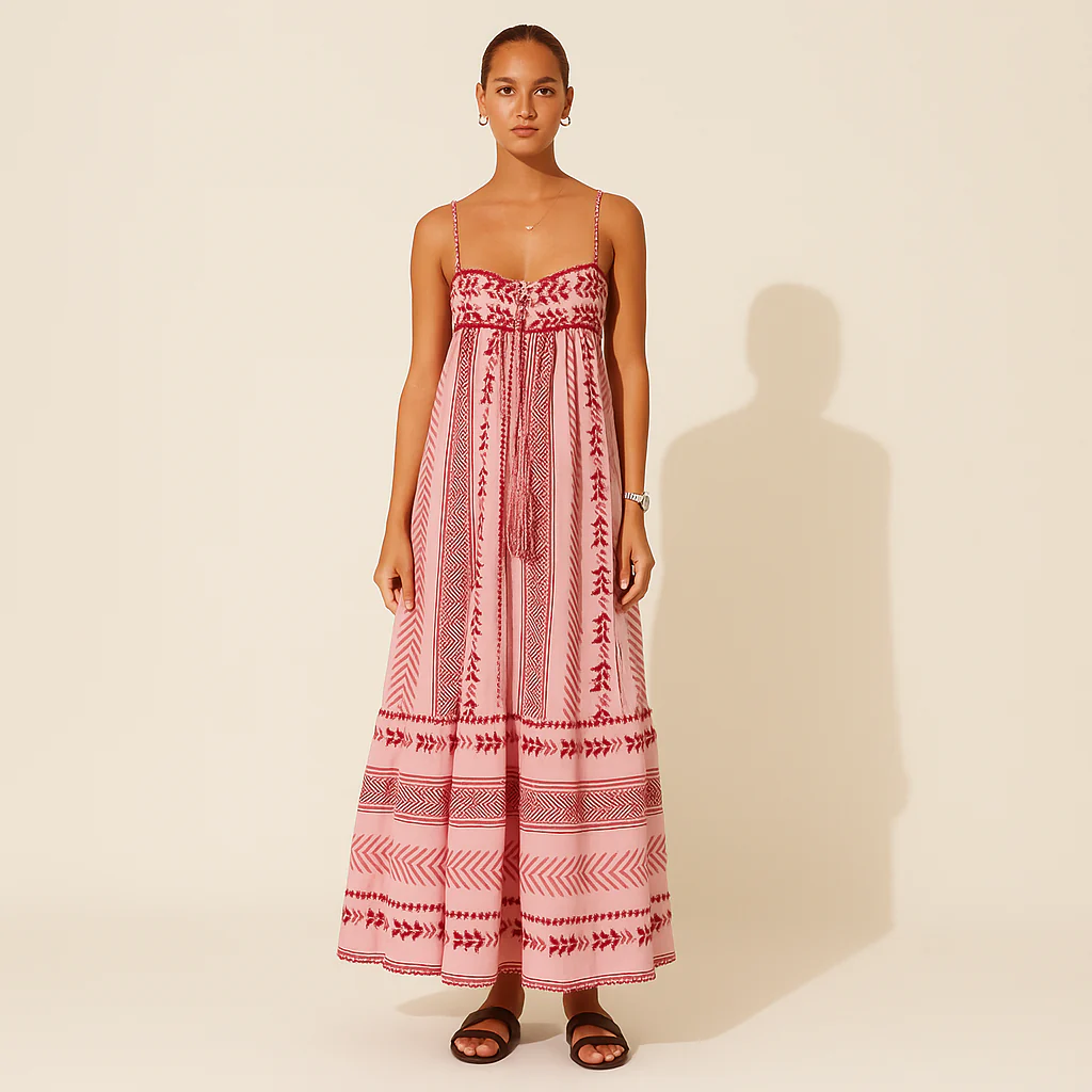 Robe Longue Bustier Bohème Rose – Coupe Fluide & Charme Chic