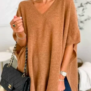 Adeline - Pull-over poncho solide à col V et coupe ample