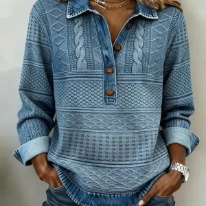 Haut en maille effet denim à col polo pour femme décontracté et élégant