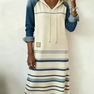 Ceralyn - Robe Décontractée À Capuche Et Motif Rayé Patchwork