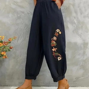 Nancy - Pantalon de loisirs chic avec broderie florale pour femmes