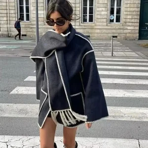 Manteau en laine tweed femme – Col rond, coupe ample