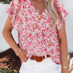 Abbie - Élégante blouse fleurie avec col en V et manches à volants