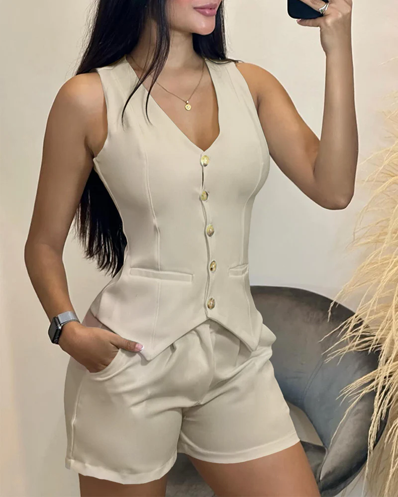 White Sleeveless Slim Fit Vest Shorts Suit – Image 3