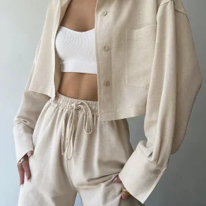 Ensemble deux pièces décontracté avec pantalon à cordon de serrage et col