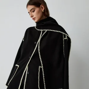 Veste À Bordures Contrastées Avec Écharpe Assortie Pour Femme – Manteau Élégant Automne Hiver