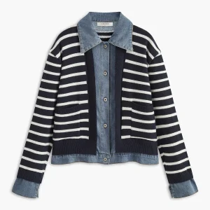 Veste Hybride Denim et Tricot | Rayures Marines | Élégance Décontractée