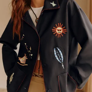 Veste Noire Brodée | Motifs Célestes | Élégance Artistique