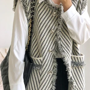 Gilet Pied-de-Poule Sans Manches | Élégant & Moderne | Bordures Effilochées