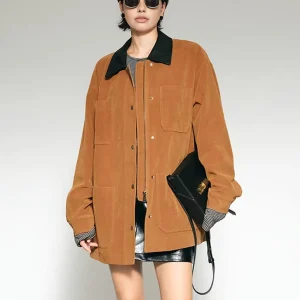 Veste Oversize en Velours Côtelé | Marron Caramel avec Col Contrasté