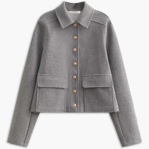 Veste Courte en Laine Mélangée | Gris | Boutons Dorés