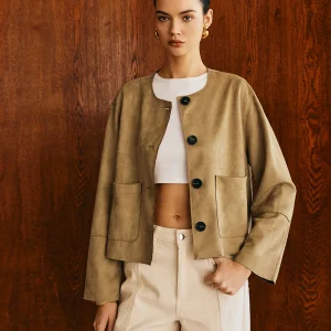 Veste Courte en Daim Synthétique Beige | Minimaliste & Moderne | Coupe Ample