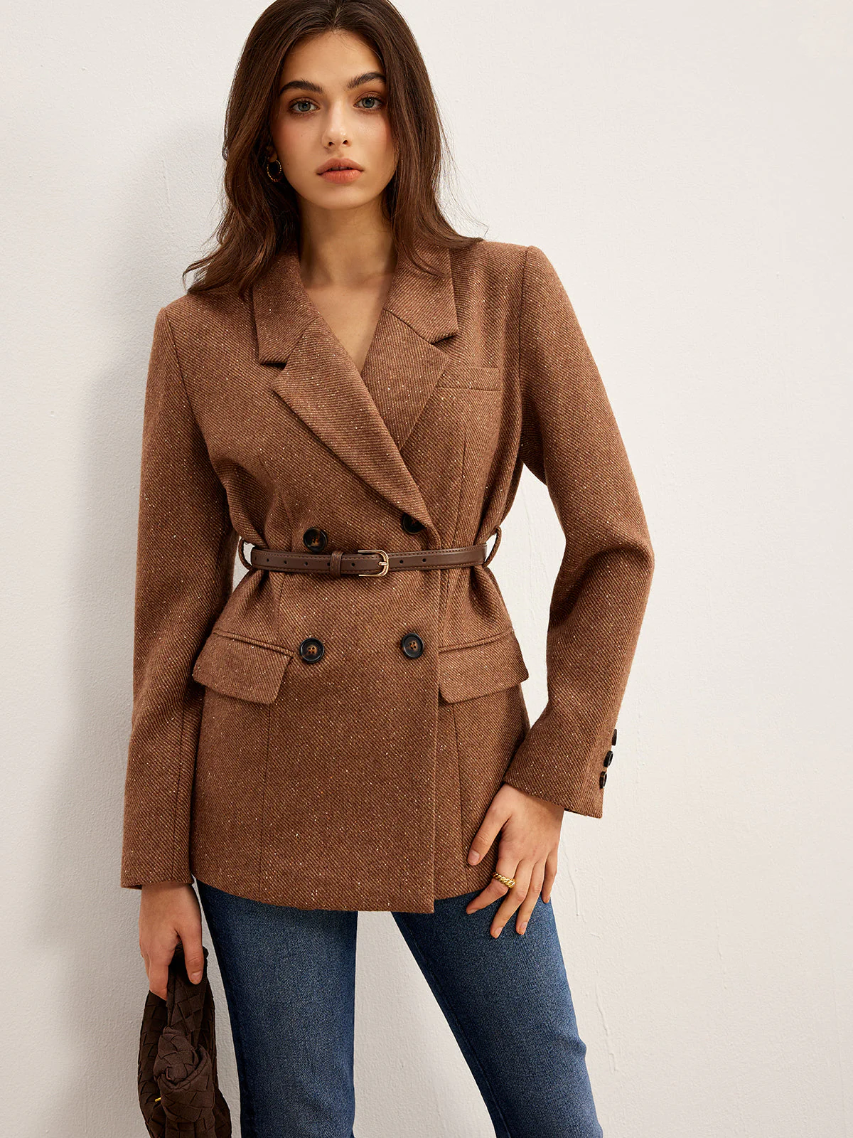 Blazer Ceinturé Marron | Double Boutonnage | Élégance Structurée