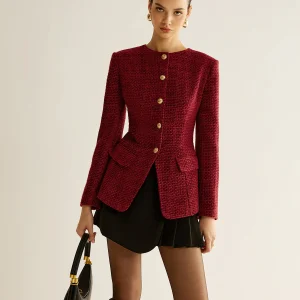 Blazer Rouge en Tweed | Boutons Dorés | Élégance Structurée