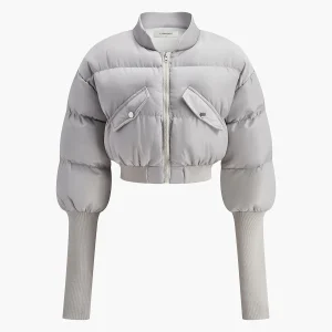 Doudoune Courte Grise | Manches Longues | Style Matelassé