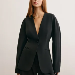 Blazer Noir Ajusté | Col Plongeant | Élégance Minimaliste