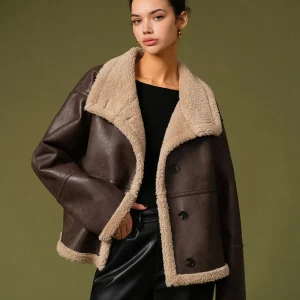 Veste Aviateur en Cuir | Marron avec Fausse Fourrure | Style Oversize